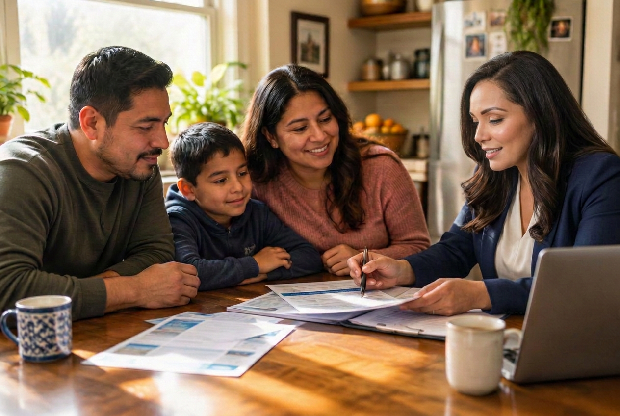 Una familia revisa sus opciones de seguro de salud con una asesora en la mesa de su casa